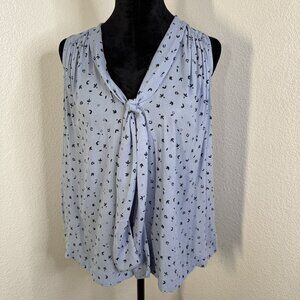 Free People Sleeveless Blue Tie-Front Blouse With Black Floral Print
